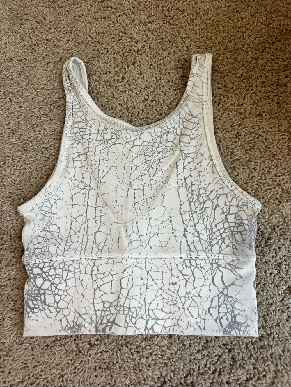 Lululemon Cropped Athletic Tank Top in White with Silver Crackle Print